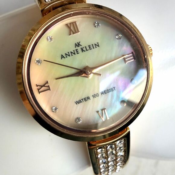 Anne Klein AK Gold Tone Watch Mother of Pearl Dial Crystal Accents Water Resist main image 4